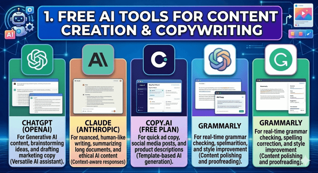 Top Free AI Tools for Digital Marketing: Boost Content, SEO & Growth Without Cost 2 “Free AI tools for content creation and copywriting including ChatGPT, Claude, Copy.ai, and Grammarly used for digital marketing writing and content generation