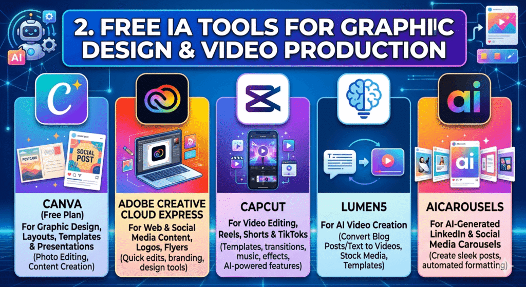 Top Free AI Tools for Digital Marketing: Boost Content, SEO & Growth Without Cost 3 Free AI tools for graphic design and video production including Canva, Adobe Creative Cloud Express, CapCut, Lumen5, and aiCarousels for creating marketing visuals and videos