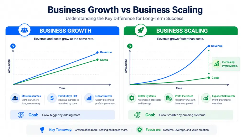 Side-by-side comparison chart showing business growth where revenue and costs increase together versus scaling where revenue grows faster than costs