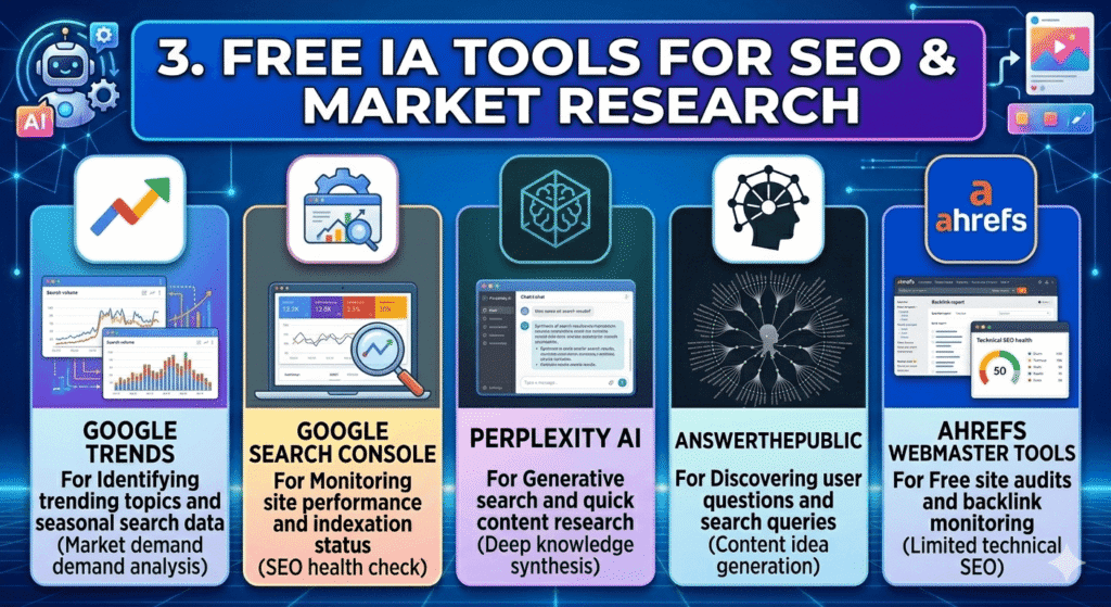 Top Free AI Tools for Digital Marketing: Boost Content, SEO & Growth Without Cost 4 Free AI tools for SEO and market research including Google Trends, Google Search Console, Perplexity AI, AnswerThePublic, and Ahrefs Webmaster Tools for keyword research and SEO optimization