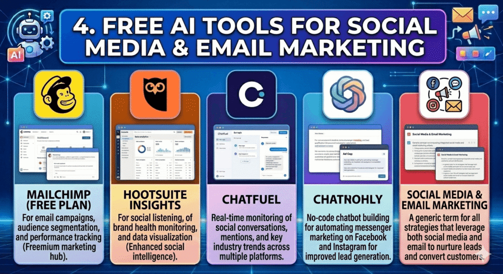 Top Free AI Tools for Digital Marketing: Boost Content, SEO & Growth Without Cost 5 Free AI tools for social media and email marketing including Mailchimp, Hootsuite Insights, Chatfuel and automation tools for digital marketing and customer engagement