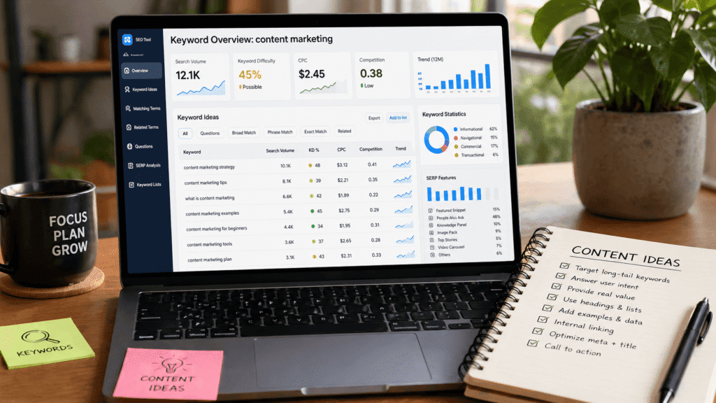 keyword research dashboard showing search volume keyword difficulty and keyword ideas