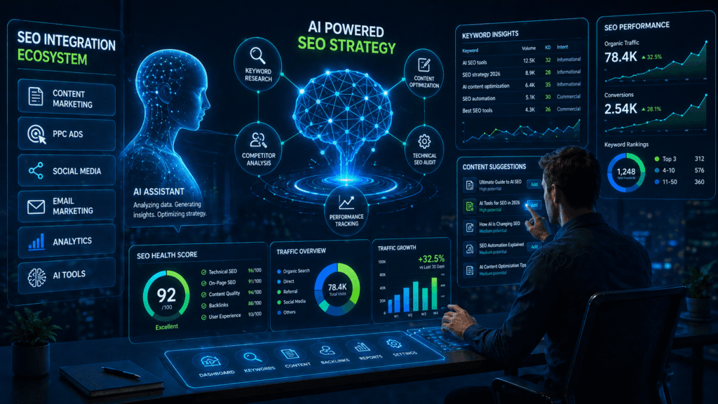 Futuristic image showing AI analyzing SEO data, content optimization, and search results
