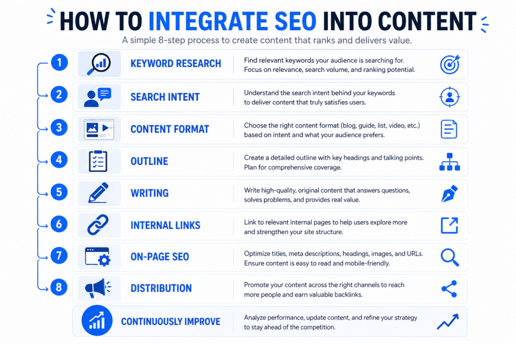 SEO infographic showing an 8-step content optimization process including keyword research, intent, outline, writing, links, and metadata.