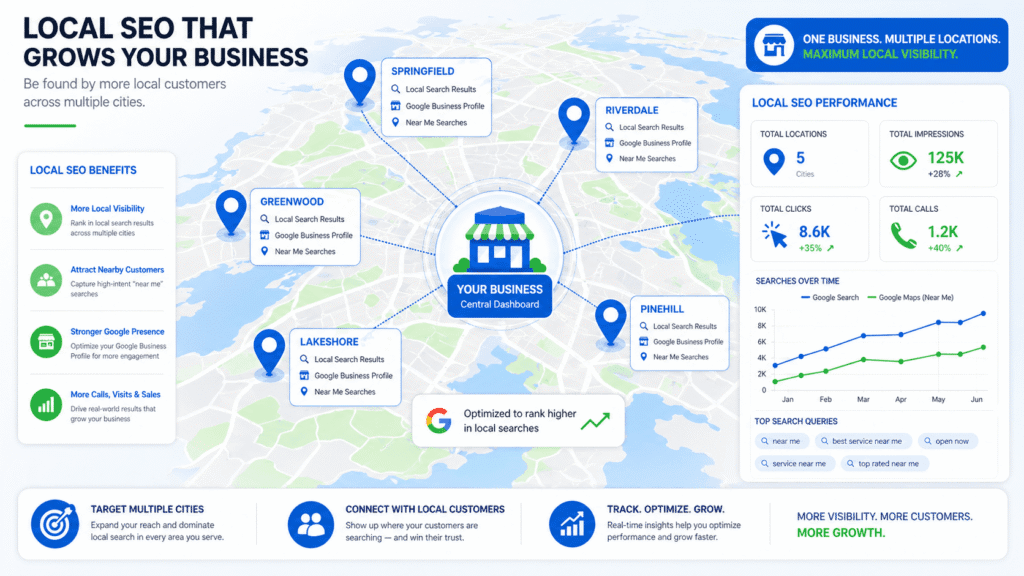 A geographic map icon highlighting local search optimization and Google Business Profile management.
