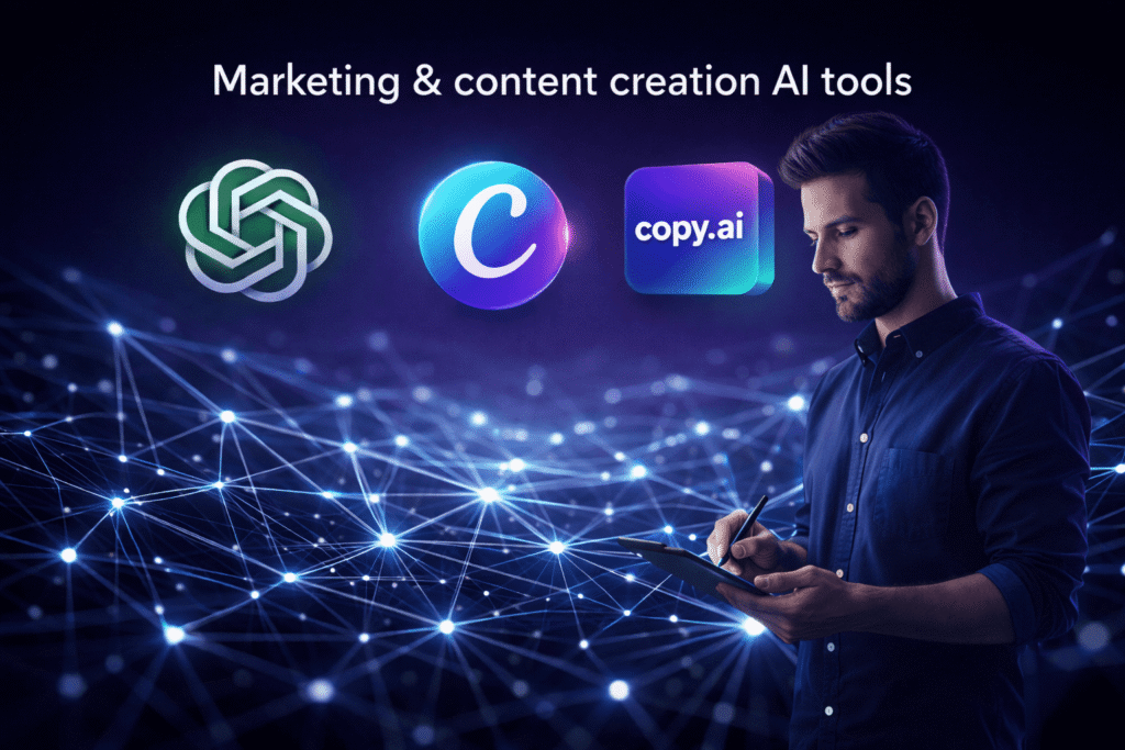 AI marketing tools generating blog content, social media posts, and graphic designs using ChatGPT and Canva