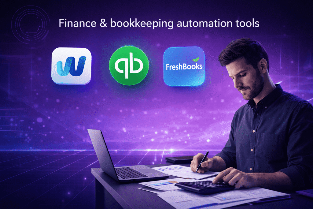 AI accounting software dashboard showing invoices, expense tracking, and financial reports for small business automation