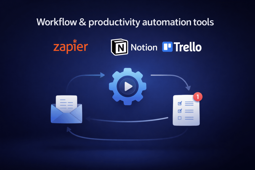 workflow automation system connecting apps with Zapier, task boards, and productivity dashboards for small business