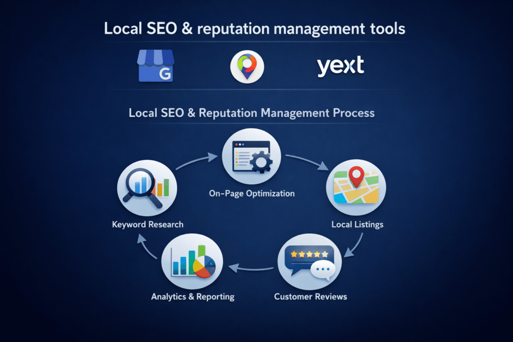 local SEO dashboard showing Google Business Profile listing, customer reviews, and map ranking optimization