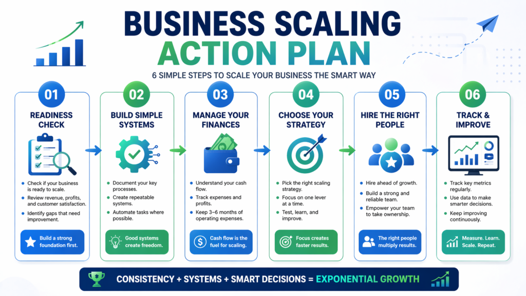 step by step business scaling action plan infographic showing readiness systems finances strategy hiring and tracking