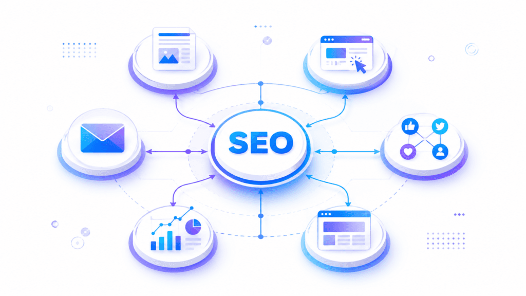 SEO integration diagram showing connected digital marketing channels including content, PPC, social media, email and analytics