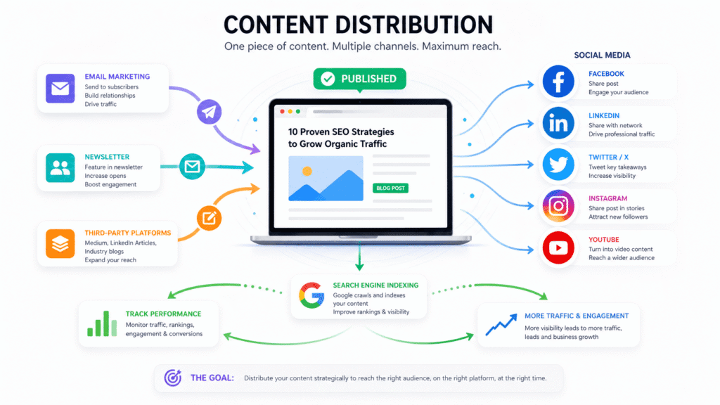 Social media graphic summarizing SEO content strategy with icons for keywords