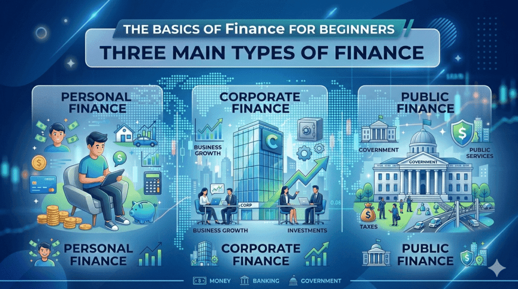 Finance Basics for Beginners: Stop Wasting Your Money and Start Managing It Smartly 2 The three main types of finance: Personal Finance (individual budgeting), Corporate Finance (business growth and investments), and Public Finance (government taxes and services) for beginners.