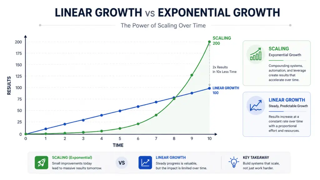 Graph comparing linear growth with a straight upward line and exponential growth with a sharply increasing curve, illustrating how scalable businesses grow faster over time