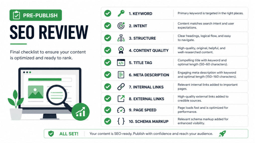 SEO checklist with items for keyword research, search intent, title tag, meta description, links, schema, and page speed.