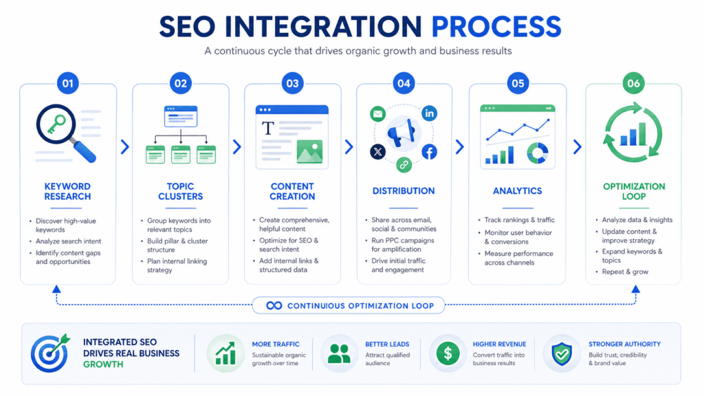 A step-by-step flowchart showing the 7-step process for building an integrated SEO strategy.