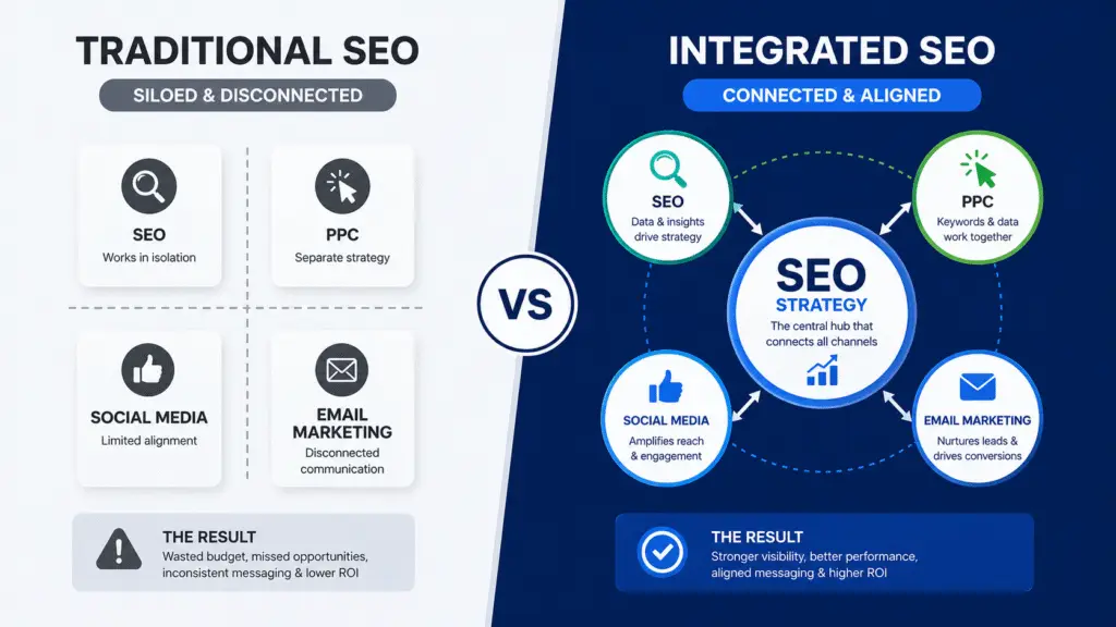 Comparison table showing the differences between traditional siloed SEO and modern integrated SEO strategies.