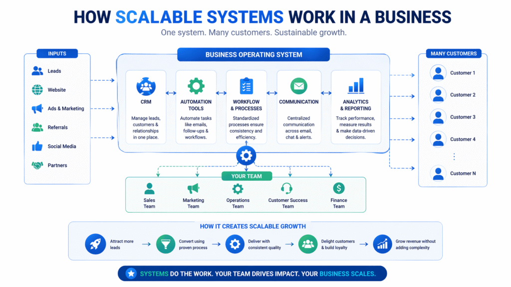 scalable business systems diagram showing CRM automation team and customers