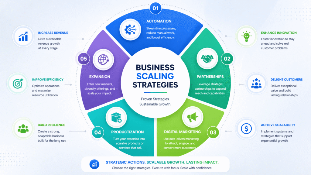 business scaling strategies diagram including automation marketing partnerships and expansion