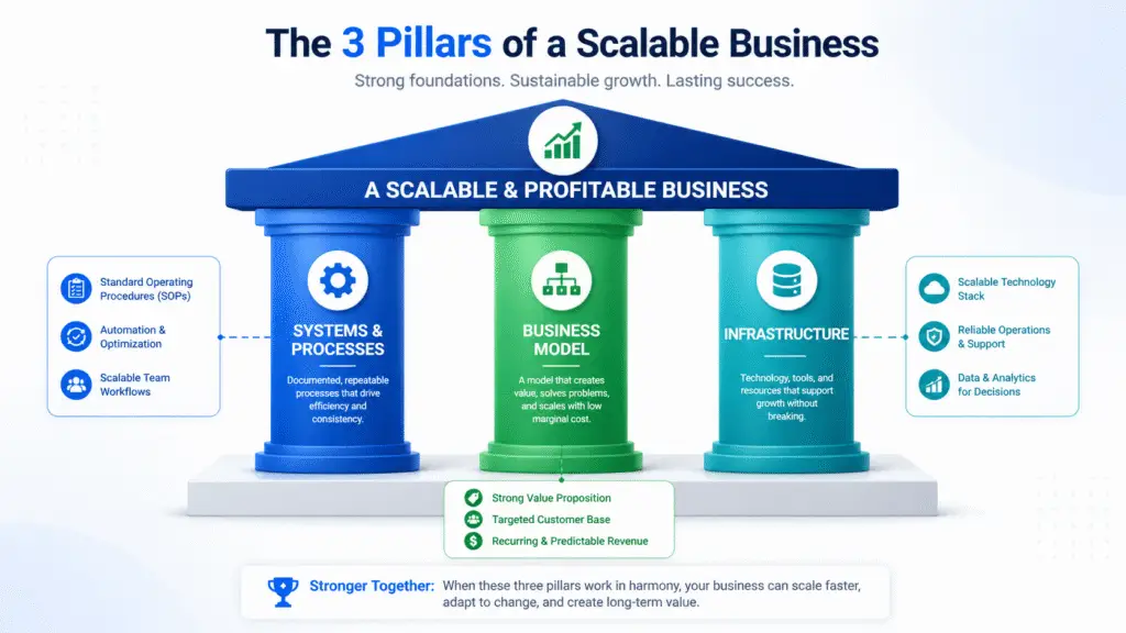 The three core pillars of business scaling: scalable systems, scalable business model, and scalable infrastructure working together