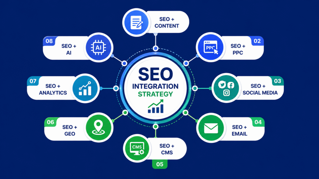 System map showing eight SEO integration areas including content, PPC, social media, email, CMS, local SEO, analytics, and AI