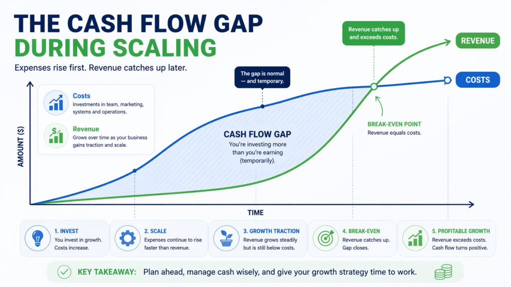 cash flow gap chart showing costs rising before revenue during scaling