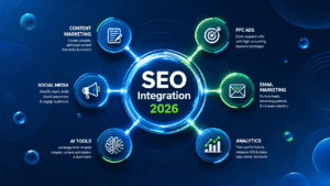 Modern SEO integration system showing connected elements like content, analytics, AI, PPC, and social media working together