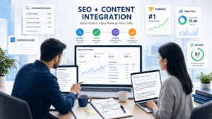 Content strategist planning an SEO article with keyword research, headings, internal