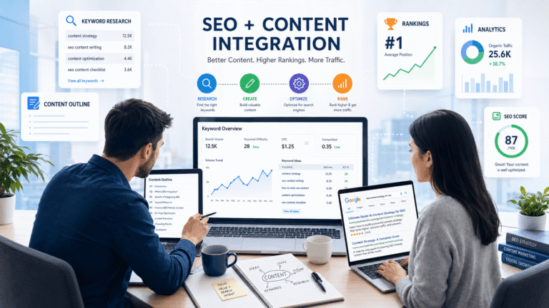 Content strategist planning an SEO article with keyword research, headings, internal