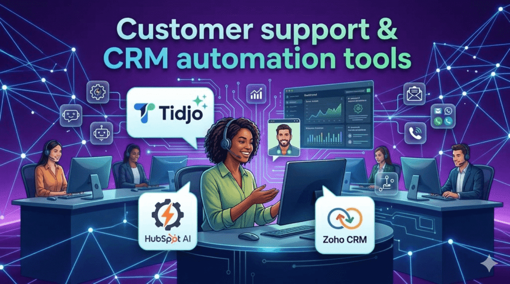 AI customer support chatbot and CRM dashboard showing automated responses, live chat, and sales pipeline for small business
