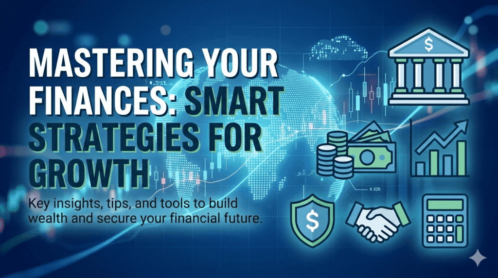 Finance Basics for Beginners: Stop Wasting Your Money and Start Managing It Smartly 1 Finance basics for beginners titled 'Mastering Your Finances: Smart Strategies for Growth,' featuring icons for banking, budgeting, and wealth building to help beginners secure their financial future