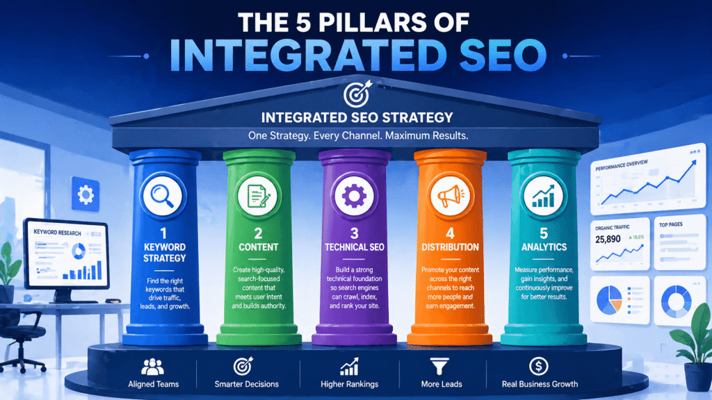 five pillars of integrated SEO keyword strategy content technical SEO distribution analytics