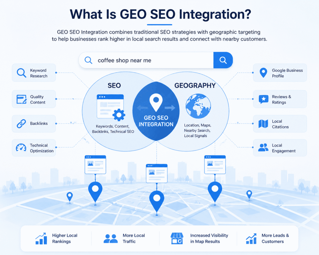 Infographic showing SEO and geographic targeting merging with map pins and search queries