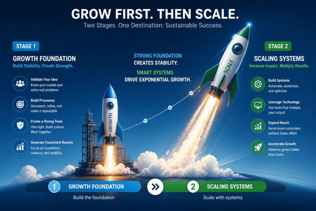 Rocket launching in two stages representing business growth foundation and scaling acceleration