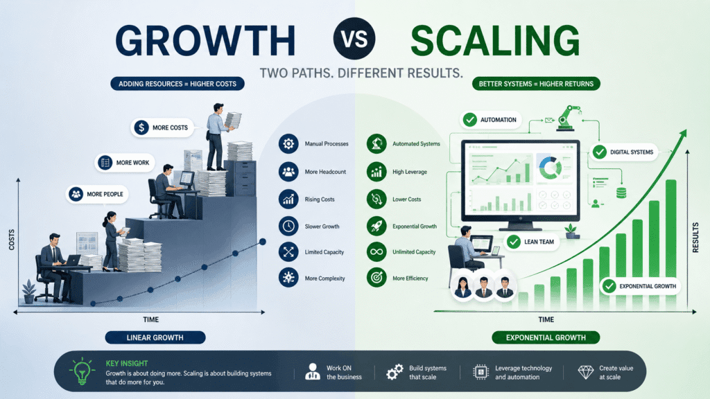Business scaling vs growth chart showing flat profit margins for growth and increasing margins for scaling over time