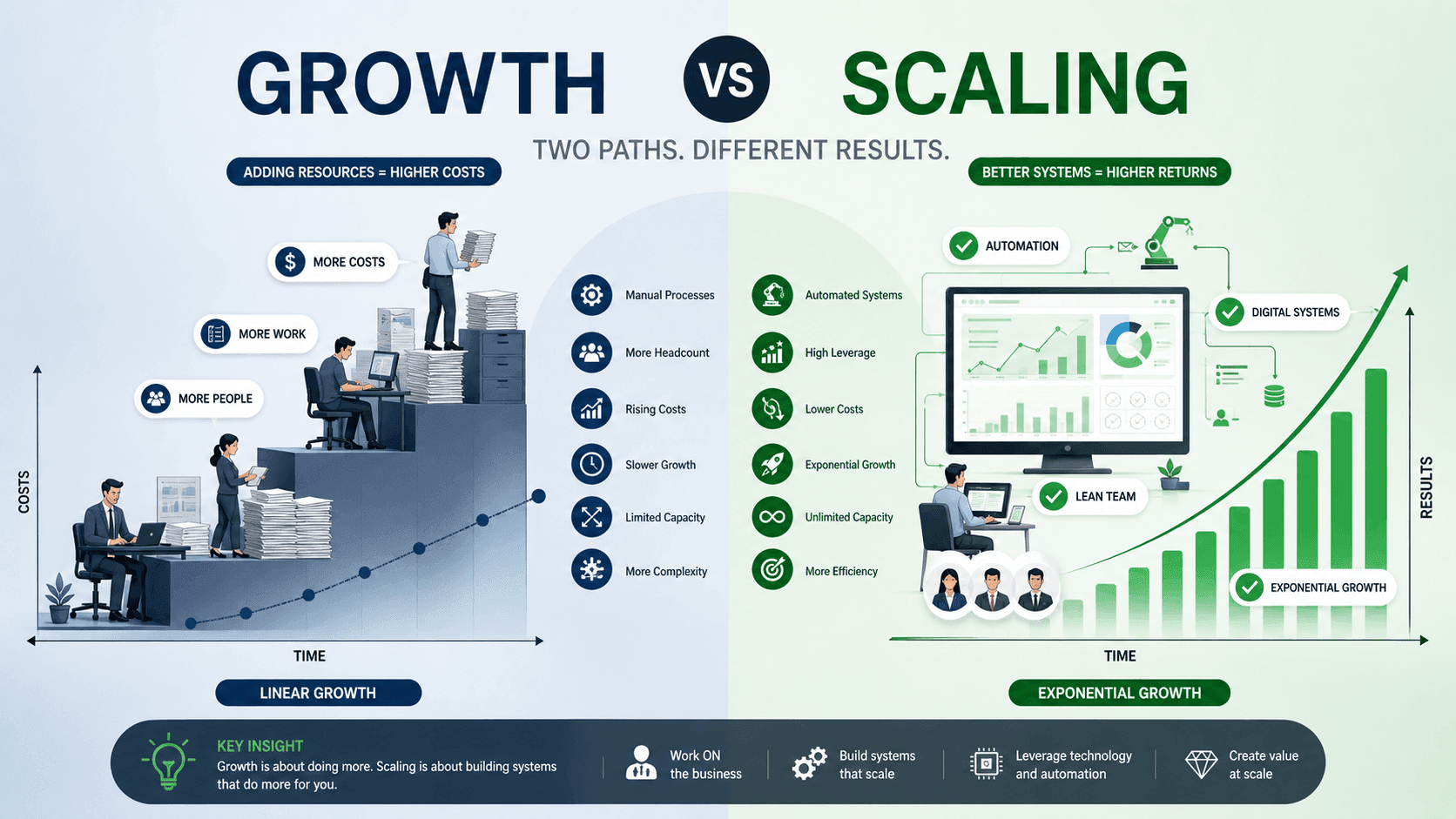 Business scaling vs growth chart showing flat profit margins for growth and increasing margins for scaling over time