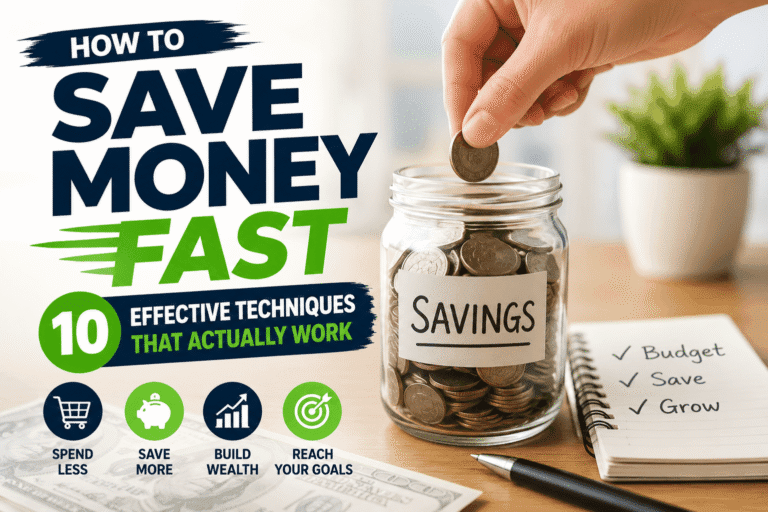 How to Save Money Fast: 10 Effective Techniques That Actually Work and icons representing budgeting, saving, and financial growth