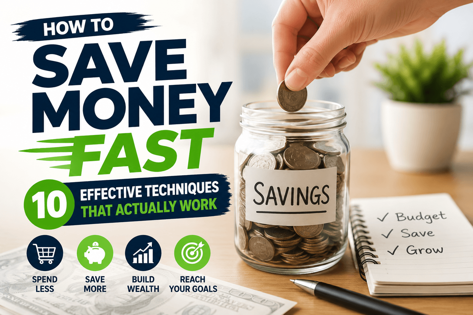 How to Save Money Fast: 10 Effective Techniques That Actually Work and icons representing budgeting, saving, and financial growth