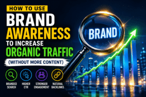 Brand awareness improving SEO performance with rising organic traffic graph, branded search, CTR, engagement, and backlinks illustrated