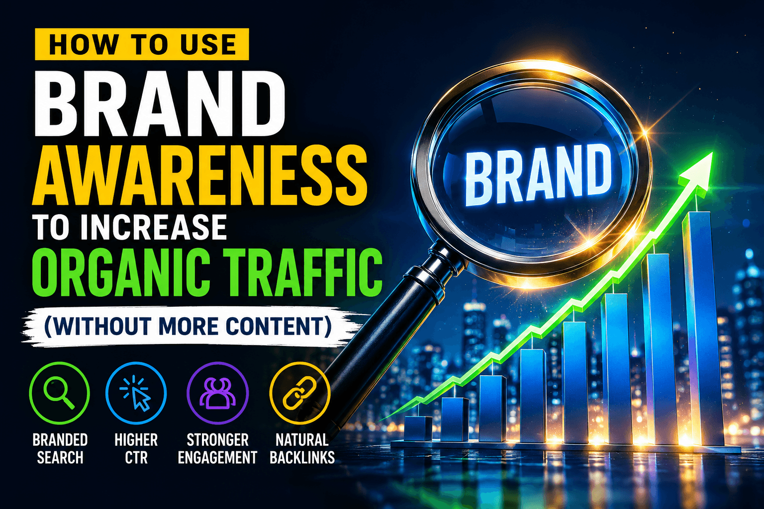 Brand awareness improving SEO performance with rising organic traffic graph, branded search, CTR, engagement, and backlinks illustrated