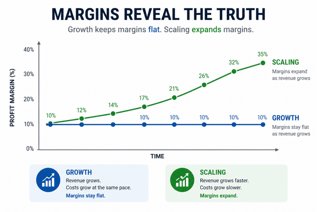 Chart showing flat profit margins for growth and increasing margins for scaling over time