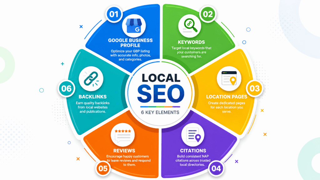 Infographic showing six core elements of GEO SEO including Google Business Profile, local keywords, pages, citations, reviews, and backlink