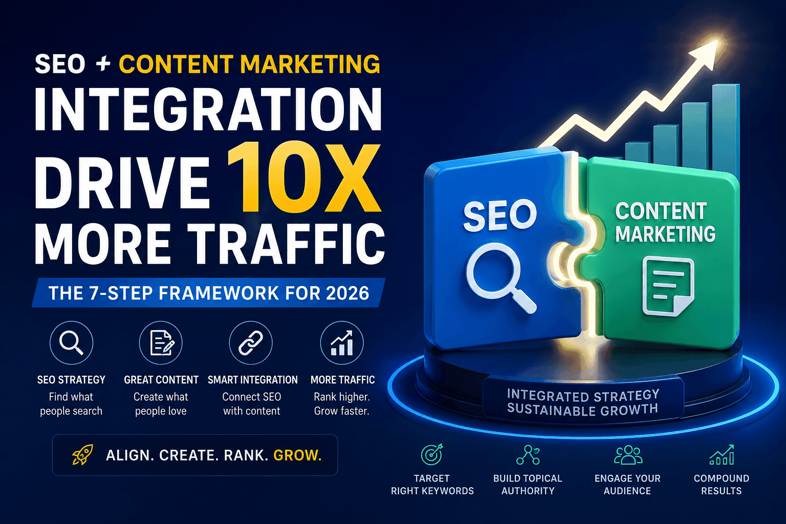 SEO and content marketing integration infographic showing a 7-step framework for increasing organic traffic through keyword research, content strategy, and topic clustering