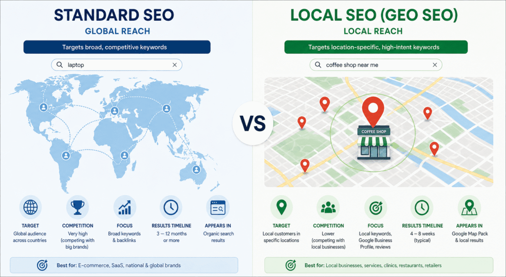 Comparison between standard SEO and GEO SEO showing global vs local targeting and map pack visibility