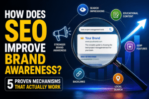 how SEO improves brand awareness through search impressions, educational content, SERP features, backlinks, and local search