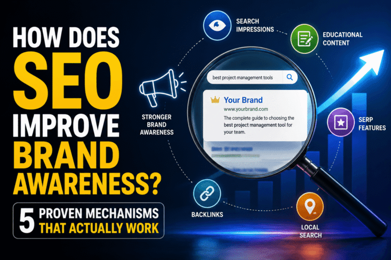 how SEO improves brand awareness through search impressions, educational content, SERP features, backlinks, and local search