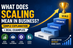 Scaling in business explained visually with growth staircase, increasing revenue, systems, leverage, and reduced costs concept