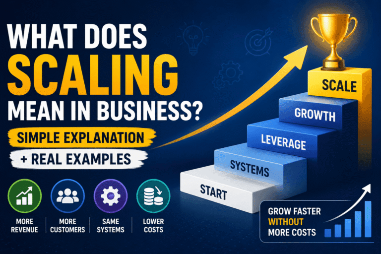 Scaling in business explained visually with growth staircase, increasing revenue, systems, leverage, and reduced costs concept