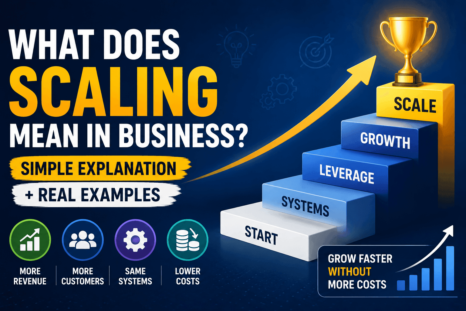 Scaling in business explained visually with growth staircase, increasing revenue, systems, leverage, and reduced costs concept
