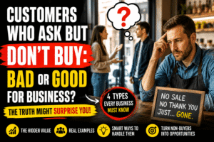 frustrated business owner thinking about customers who don’t buy after asking many questions in a shop”